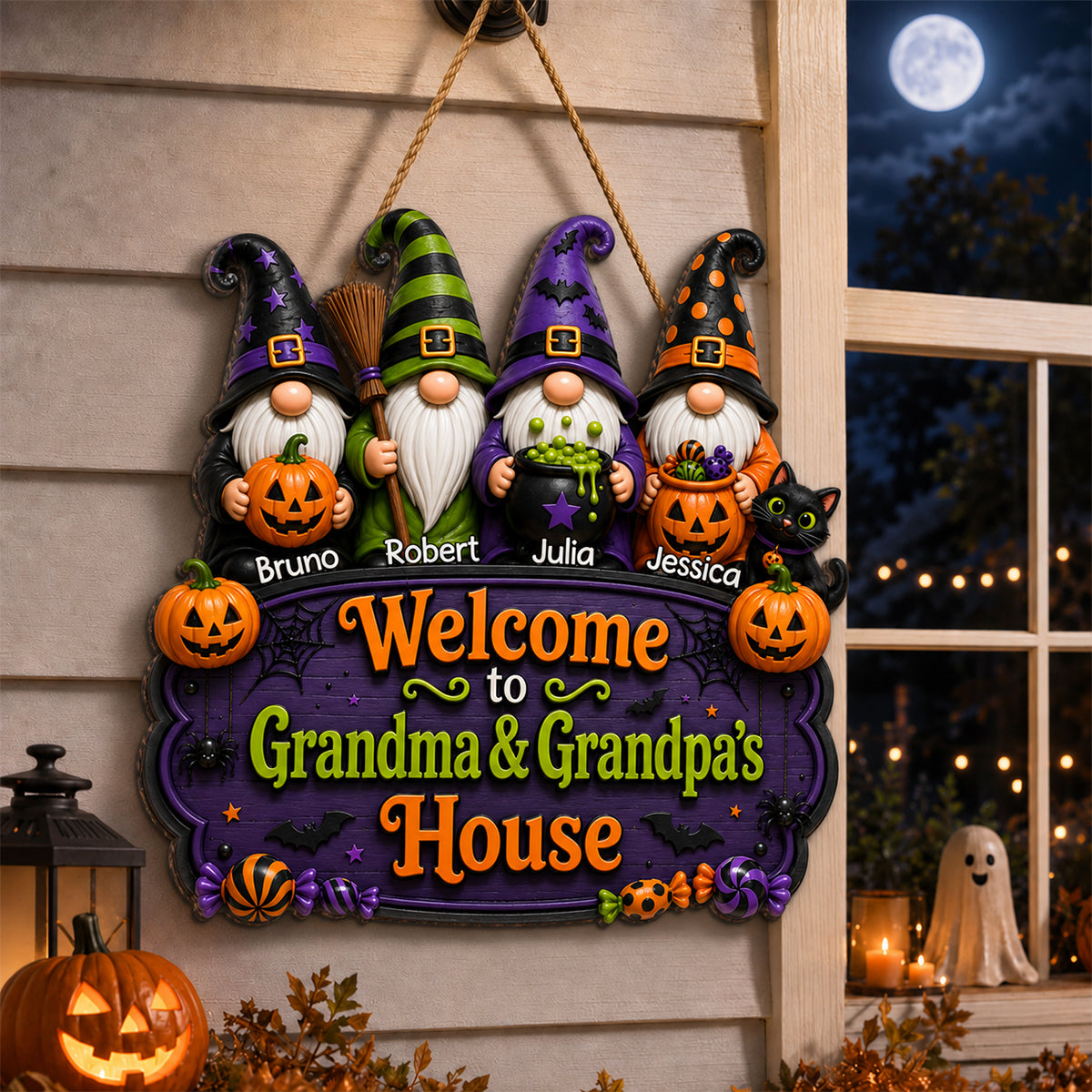 Halloween Gnome Welcome To Grandma Grandpa House - Personalized Door Sign - Halloween Decor Gift, Gift For Grandma, Grandpa