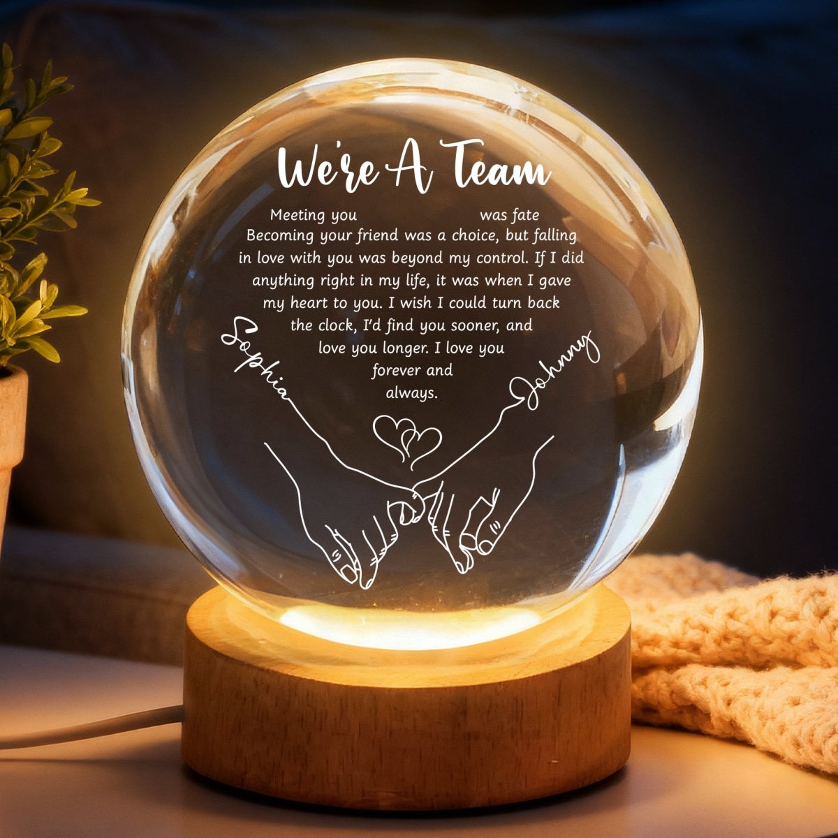 Couple Hands Interlocked We're a Team - Personalized Crystal Ball LED Night Light - Sentimental Valentine's Day Gift for Her, for Him