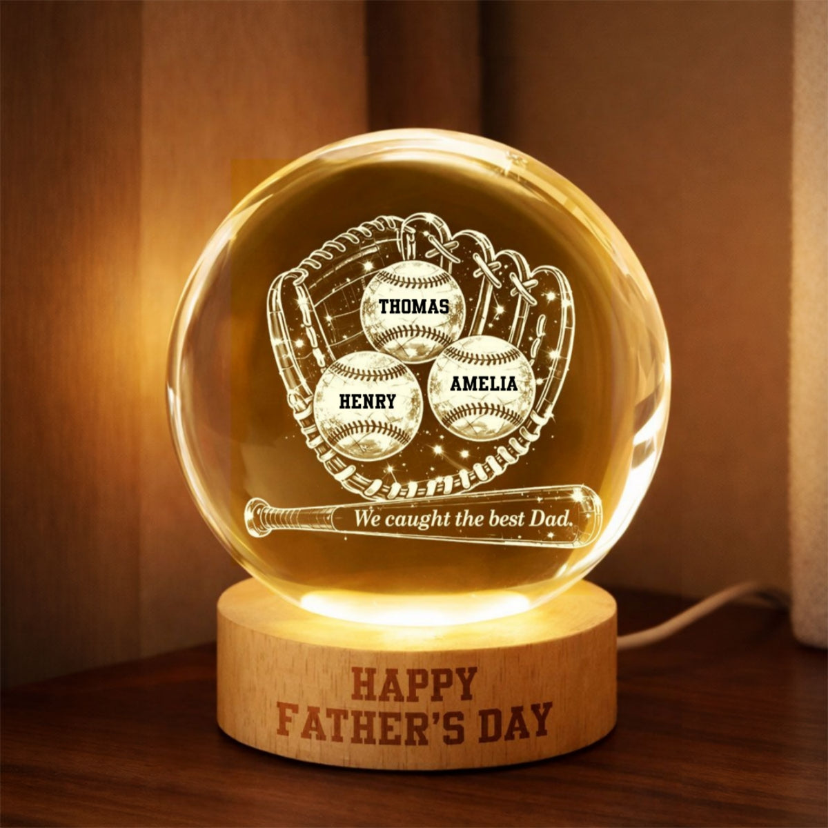 Happy  Baseball Dad - Personalized Crystal Ball LED Night Light -  Gift for Dad, Husband