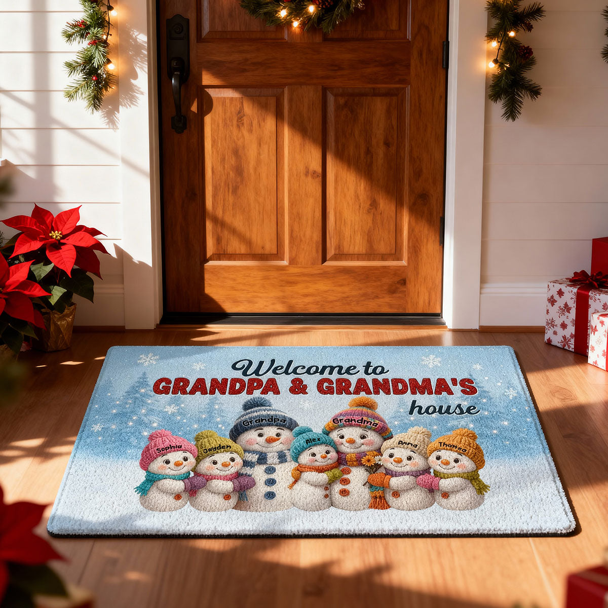 3D Effect Christmas Grandma Grandpa Grandkids Snowman Together - Personalized Doormat