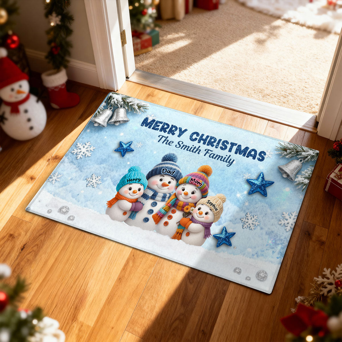 3D Effect Snowy Christmas Snowman Family - Personalized Doormat
