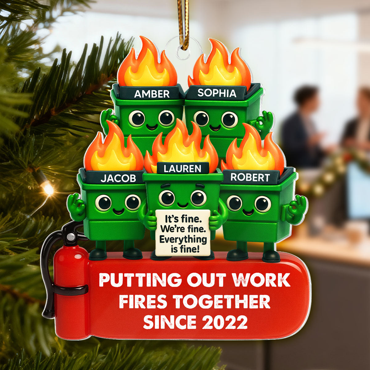 Funny Dumpster Fire Office Chaos - Personalized Acrylic Ornament - Funny Christmas Gift, White Elephant Gift for Coworkers