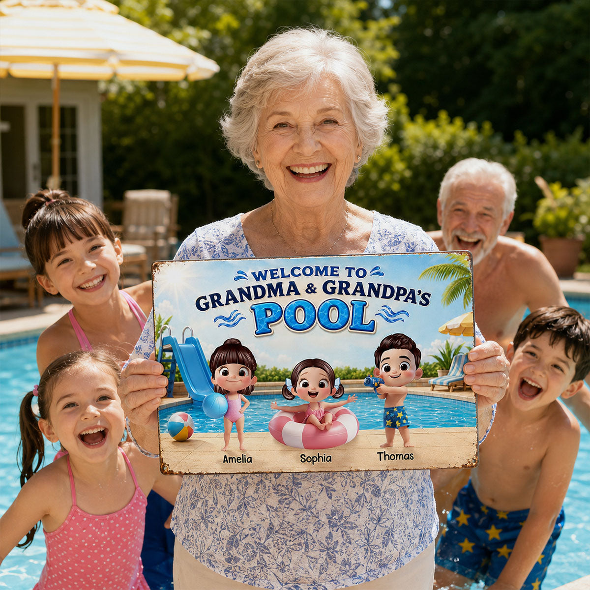 Welcome to Grandma Grandpa's Pool - Personalized Metal Sign - Summer Decor Gift for Grandparents