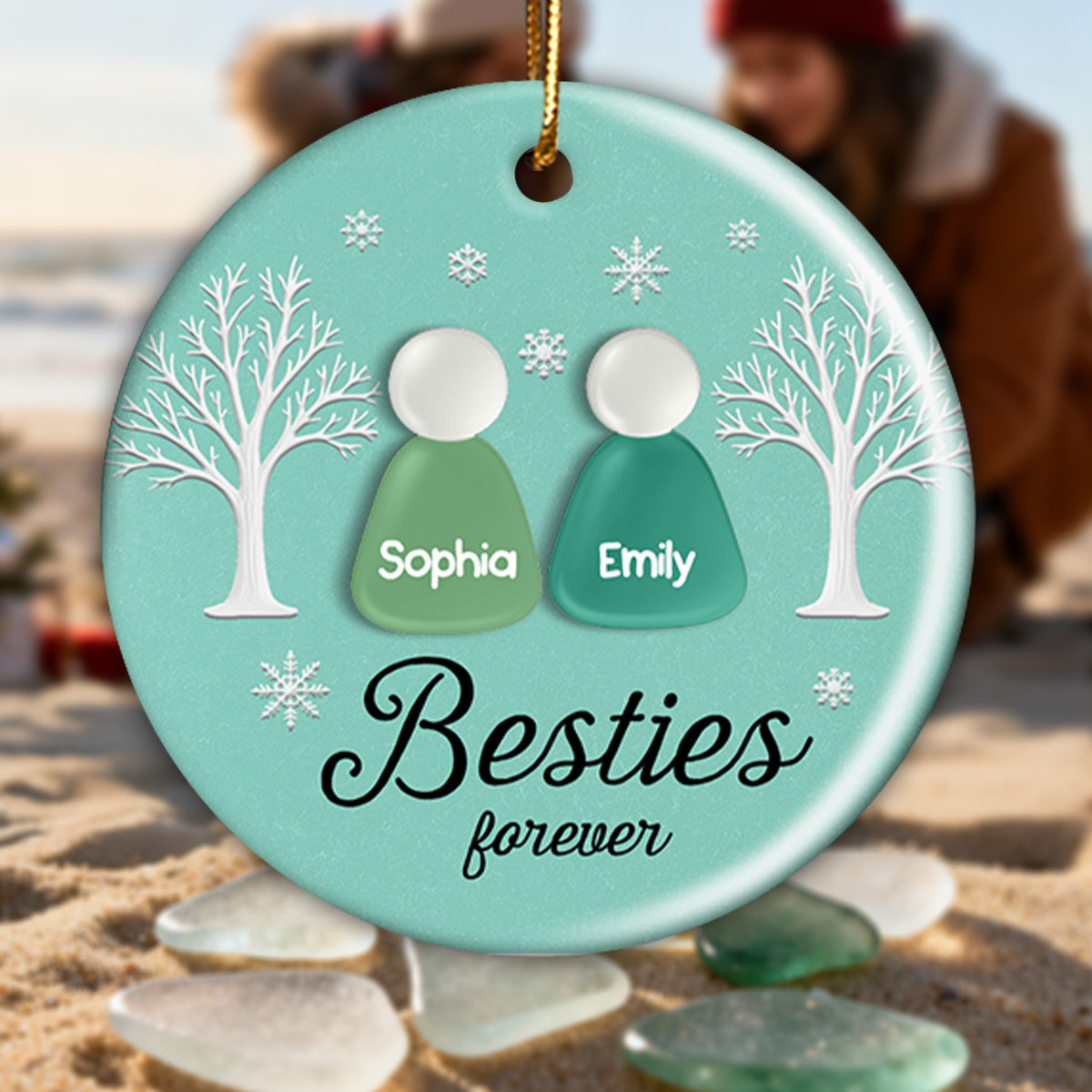 3D Teal Sea Glass Effect Christmas Besties Forever - Personalized Ceramic Ornament With Acrylic Pieces