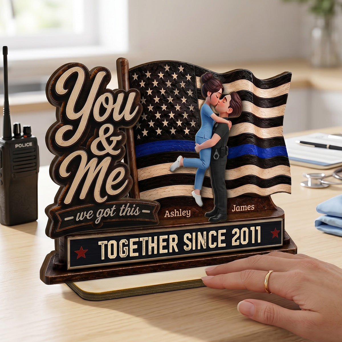 Proud Hero Couple You & Me We Got This 2D Flat - Personalized 2-Layered Wooden Plaque - Gift For Couple, For Him, For Her, Nurse, Police, Firefighter, Army