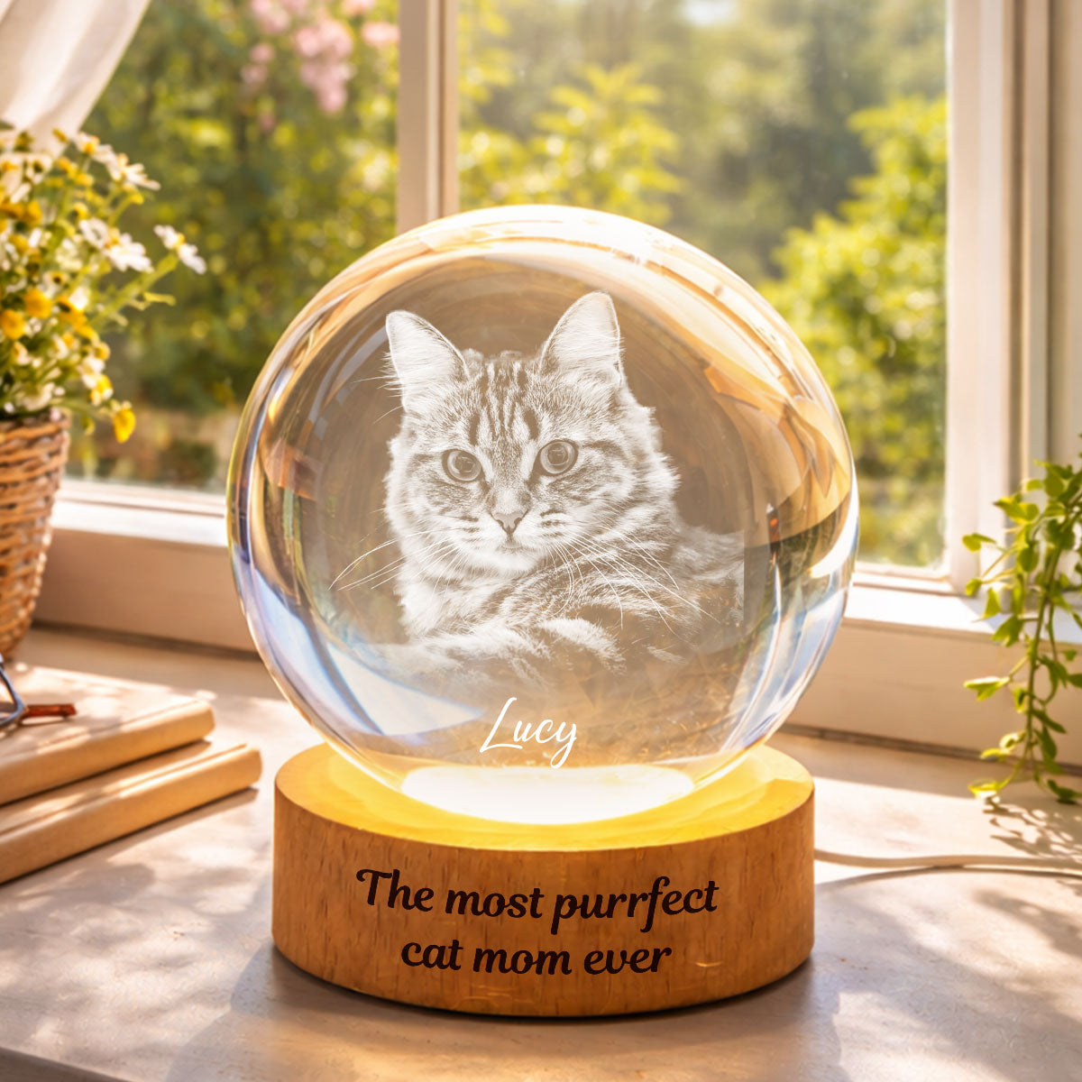 Happy Meowther's Day - Personalized Crystal Ball LED Night Light - Mother's Day Gift for Cat Mom, Wife