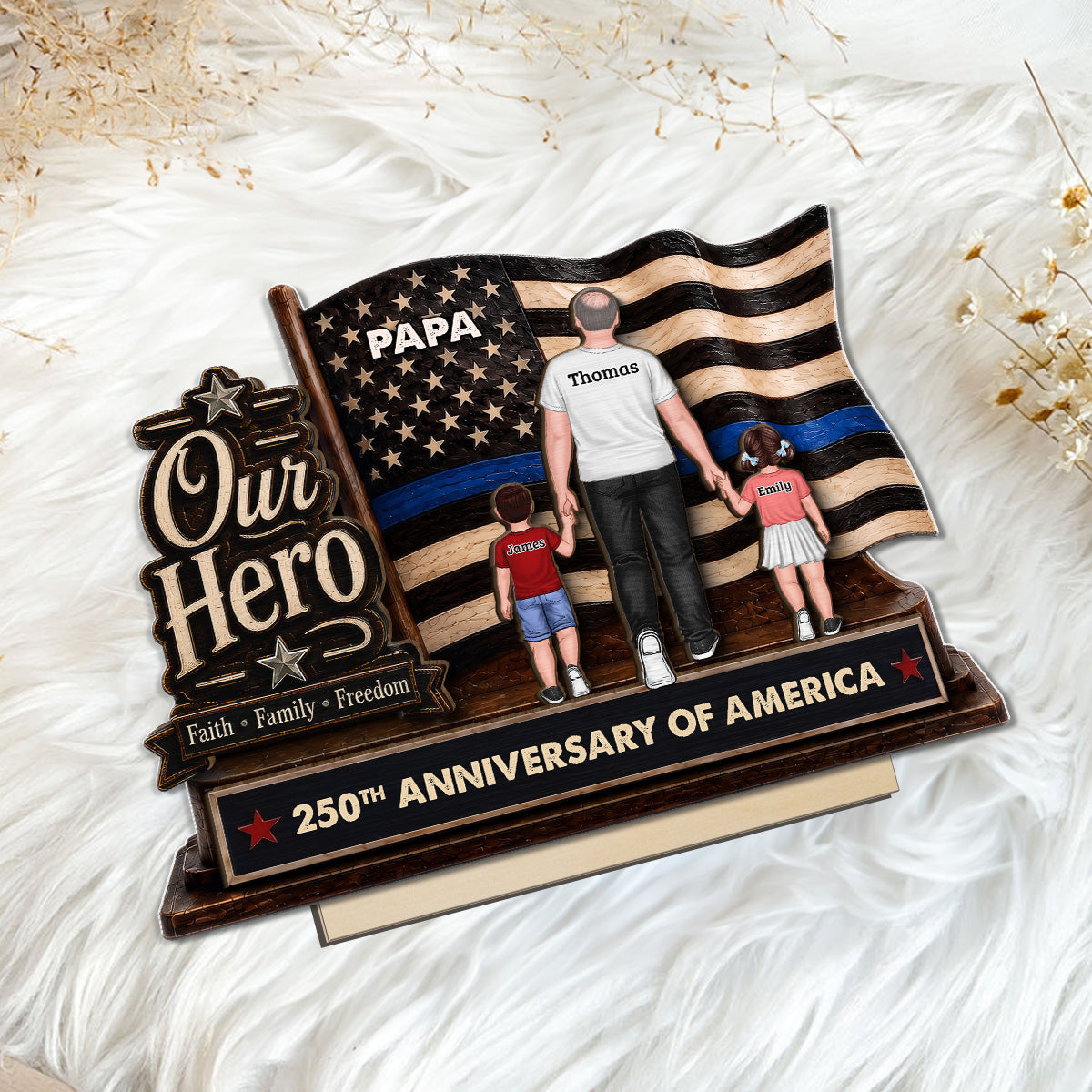 Dad Grandpa Our Hero American Flag 2D Flat - Personalized 2-Layered Wooden Plaque -  Gift For Patriotic Dad, Grandpa, Husband
