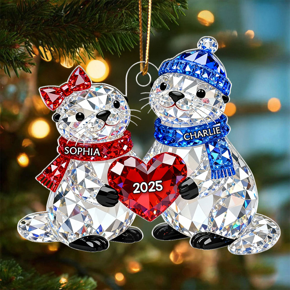 3D Crystal Effect Christmas Otter Couple - Personalized Acrylic Ornament - Heartwarming Christmas Gift for Couple