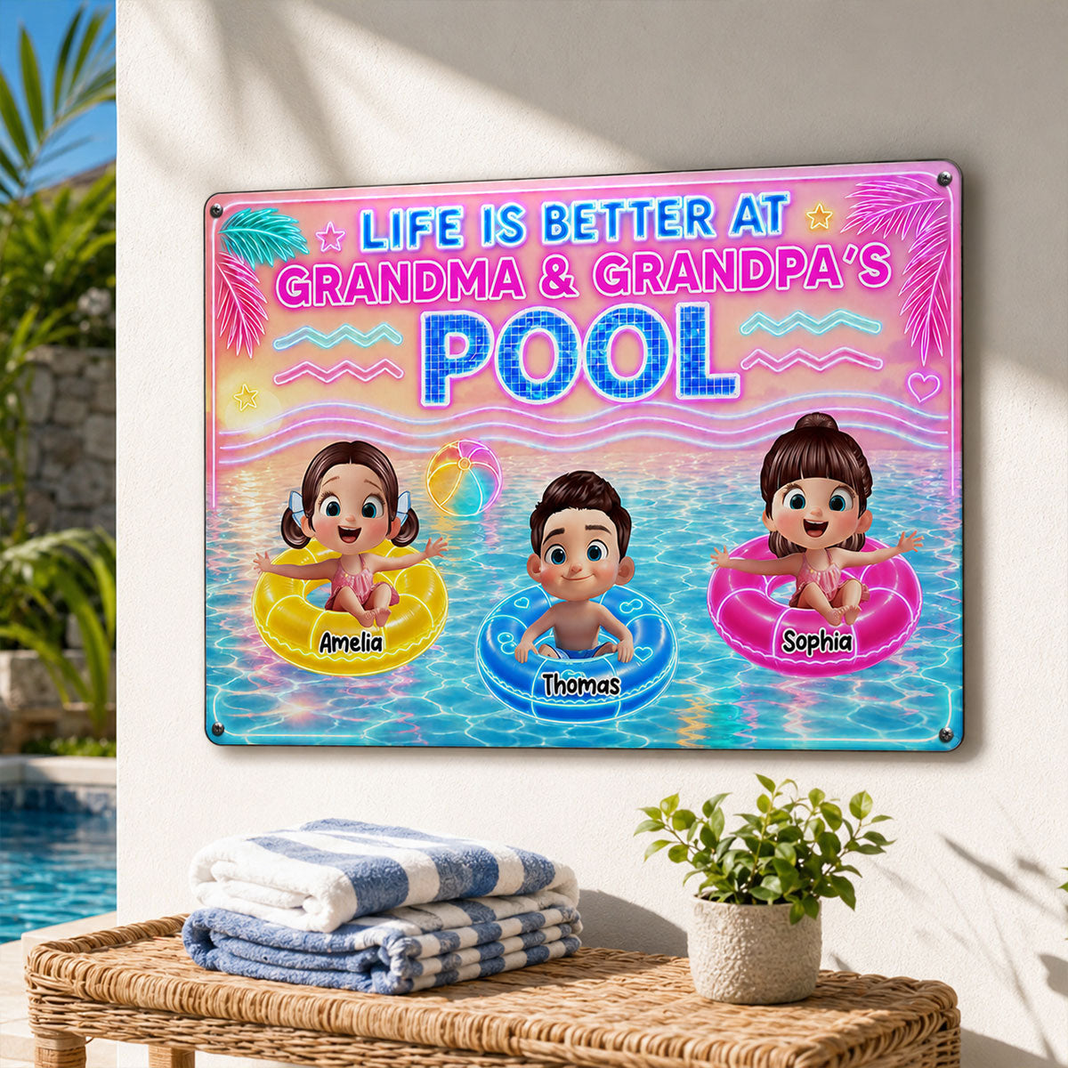 Neon Summer Life is Better in Grandma Grandpa's Pool - Personalized Metal Sign - Summer Decor Gift for Grandma, Grandparents