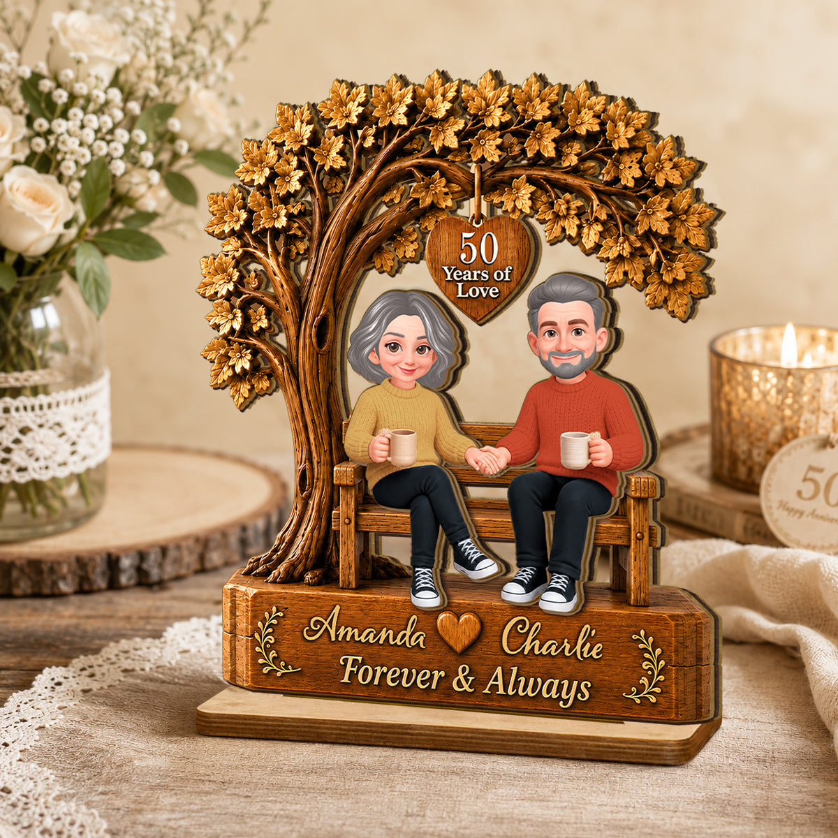 Couple Sitting Under Tree - Personalized 2-Layered Wooden Plaque - Golden Couple Keepsake, Anniversary Gift for Her, for Him