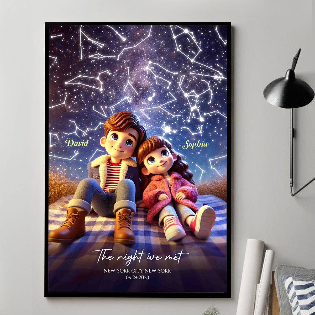 Cartoon Couple Sitting Under the Starry Night Personalized Poster, Custom Star Map by Date & Location, Anniversary, Birthday Gift for him, Gift for her