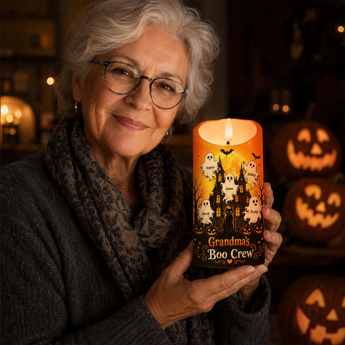 Grandma's Little Boo Crew Haunted House - Personalized LED Candle - Halloween Decor For Grandma