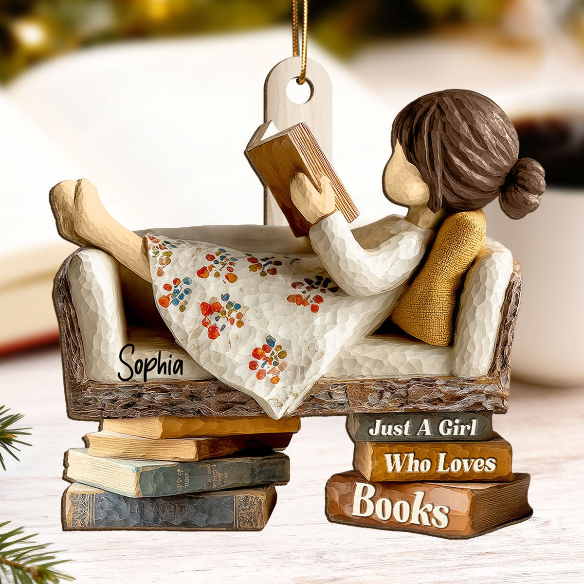 Book Lover Reading Book On Sofa 3D Effect - Personalized Wooden Ornament - Christmas Gift For Book Lover, Bookworm