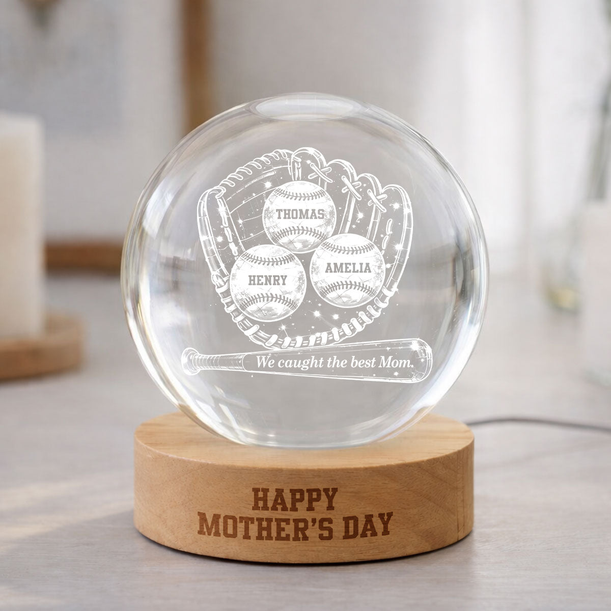 Happy Mother's Day Baseball Mom - Personalized Crystal Ball LED Night Light - Mother's Day Gift for Mom, Wife