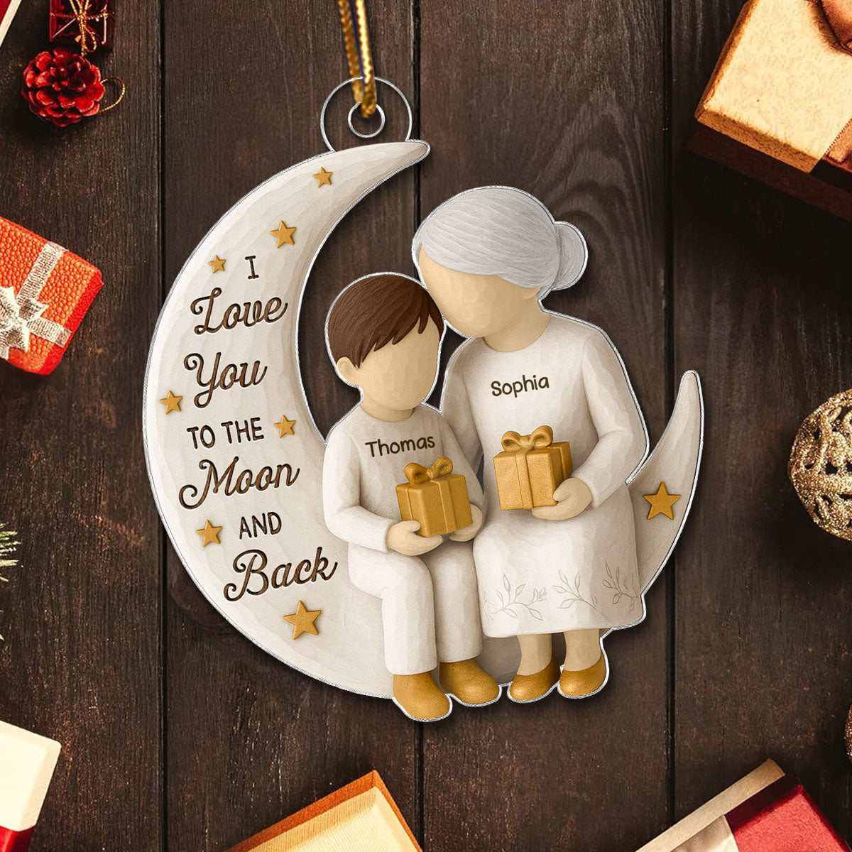 3D Effect Golden Star Grandma Grandkid On Moon - Personalized Acrylic Ornament - Gift For Granddaughter, Grandson