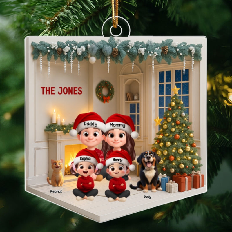 3D House Interior Family Sitting - Personalized Acrylic Ornament - Christmas Gift for Family