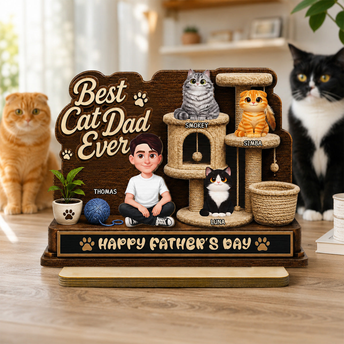 Best Cat Dad Ever Man Sitting Cute Cats On Cat Tree 2D Flat - Personalized 2-Layered Wooden Plaque -  Gift For Cat Dad