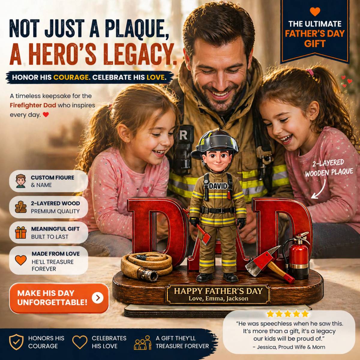 Proud American Firefighter Dad - Personalized 2-Layered Wooden Plaque -  Gift For Dad