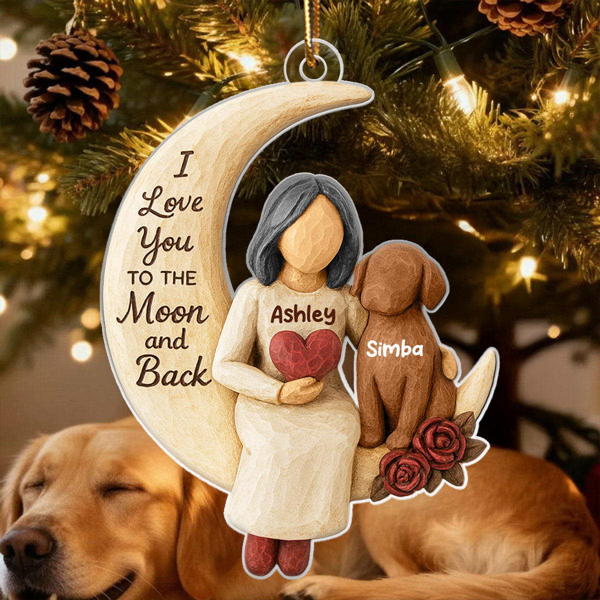 Woman and Dog Love to the Moon - Personalized Acrylic Ornament - Heartfelt Christmas Gift for Dog Mom, Pet Memorial Keepsake