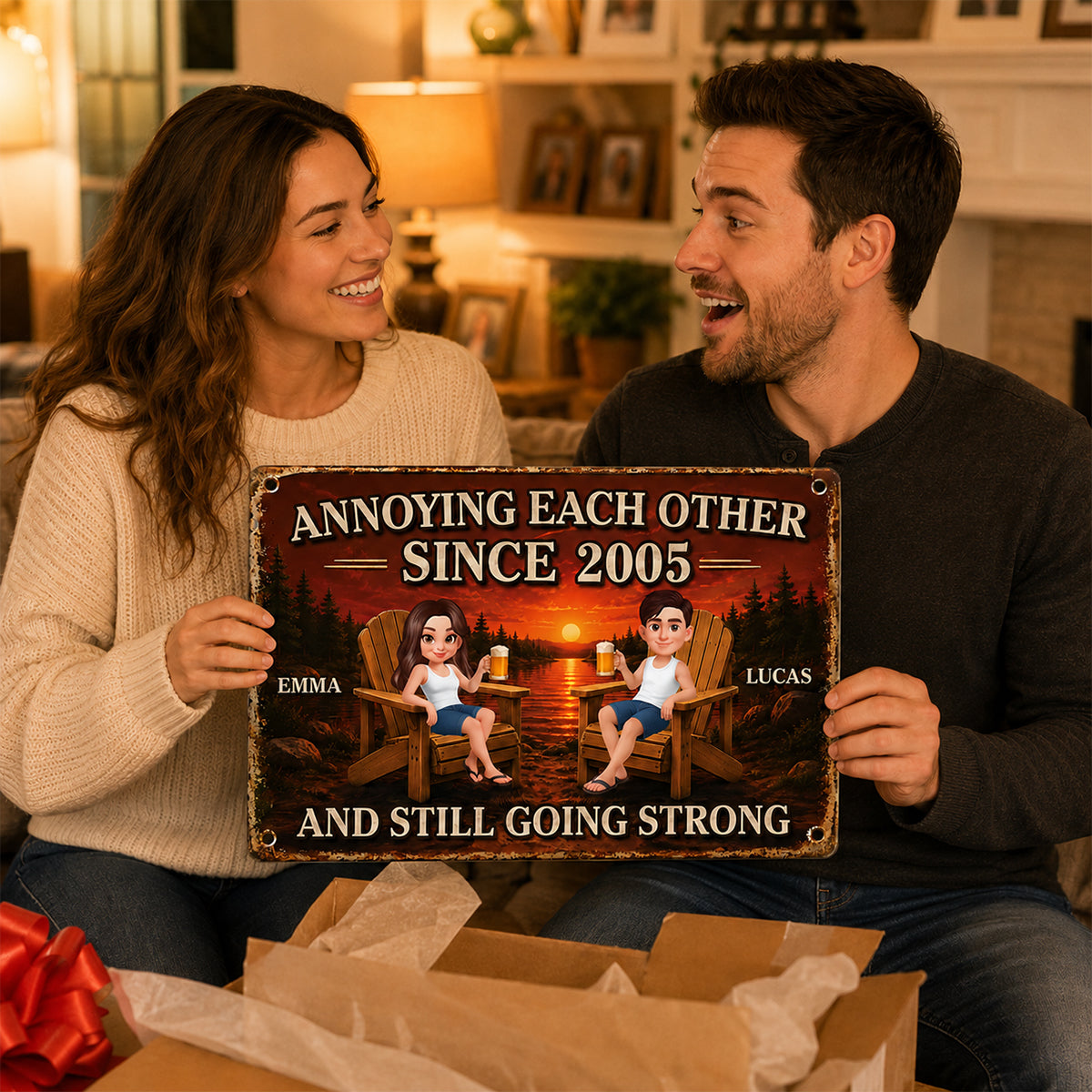 Couple Annoying Each Other Sunset Lake View - Personalized Metal Sign - Anniversary Gift For Couple