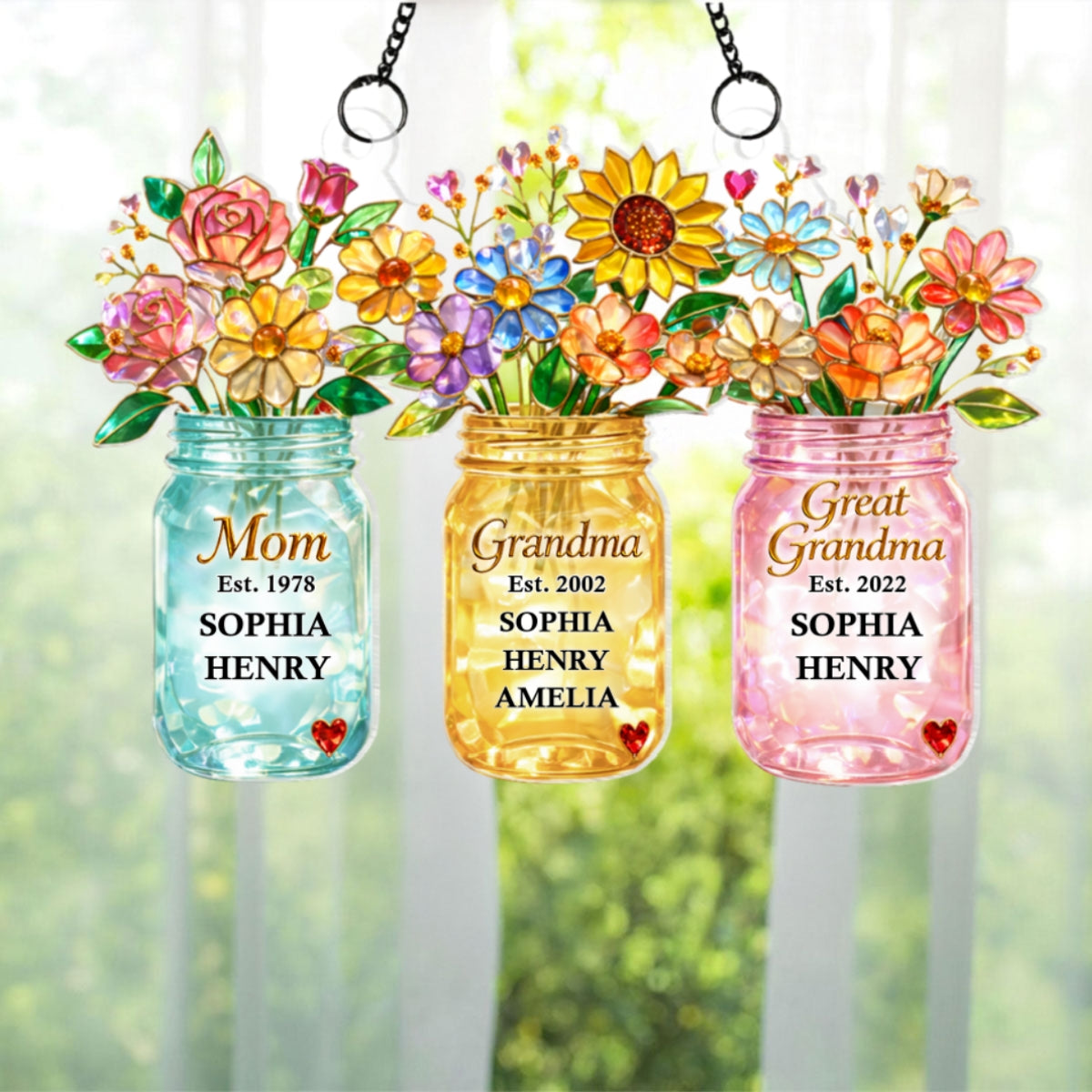 Mom Grandma Greatgrandma Flower - Personalized Suncatcher - Heartfelt Gift for Mom, Grandma