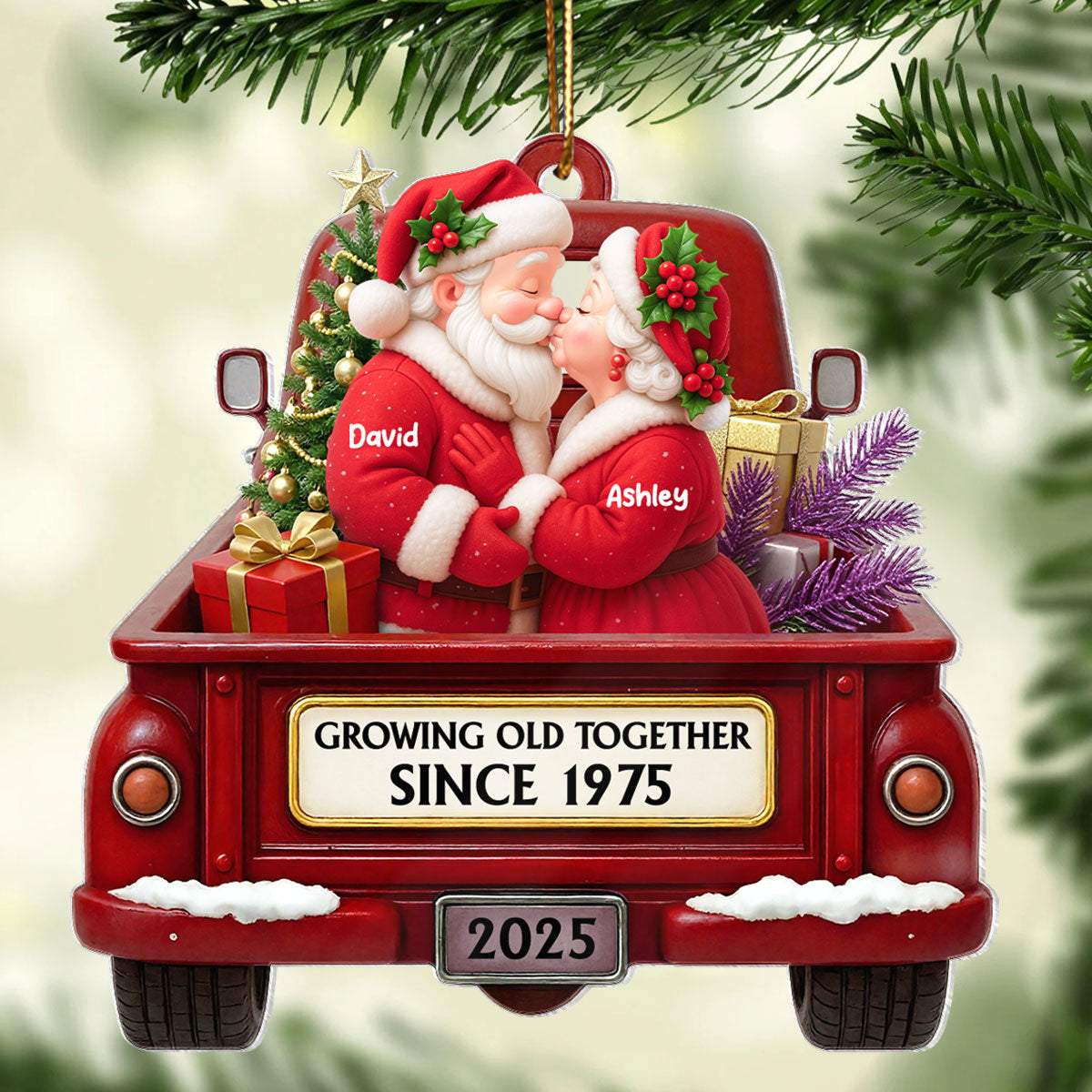 Growing Old Together Santa Couple Red Truck - Personalized Acrylic Ornament - Heartwarming Christmas Gift For Him, For Her, For Couple