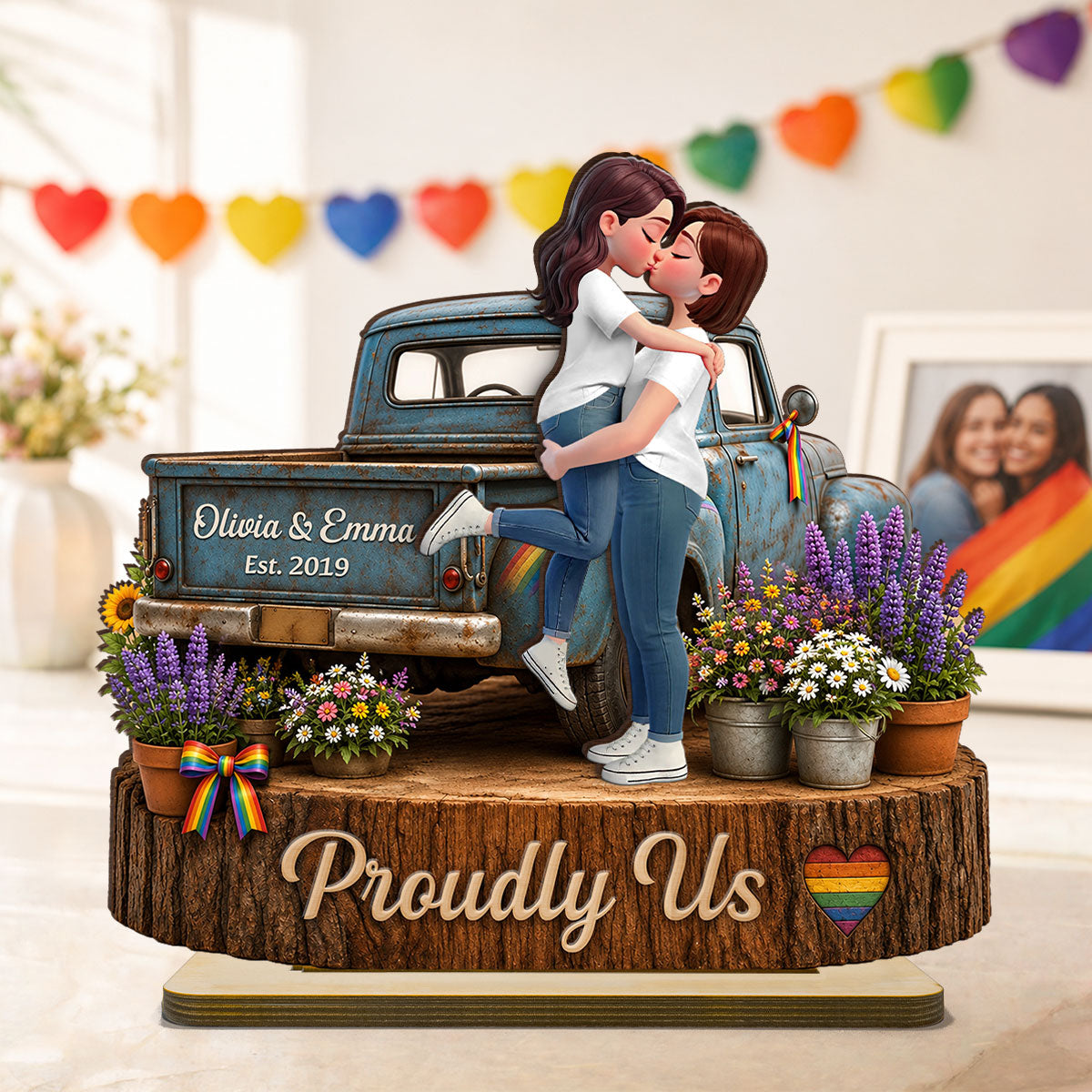LGBT Couple Pickup Truck Proudly Us - Personalized 2-Layered Wooden Plaque - Gift For Couple, Happy Pride Month