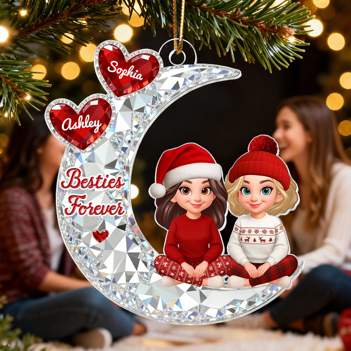 3D Shining Effect Besties Sitting On Moon - Personalized Acrylic Ornament - Gift For Best Friends, Matching Ornaments For Group Of Besties