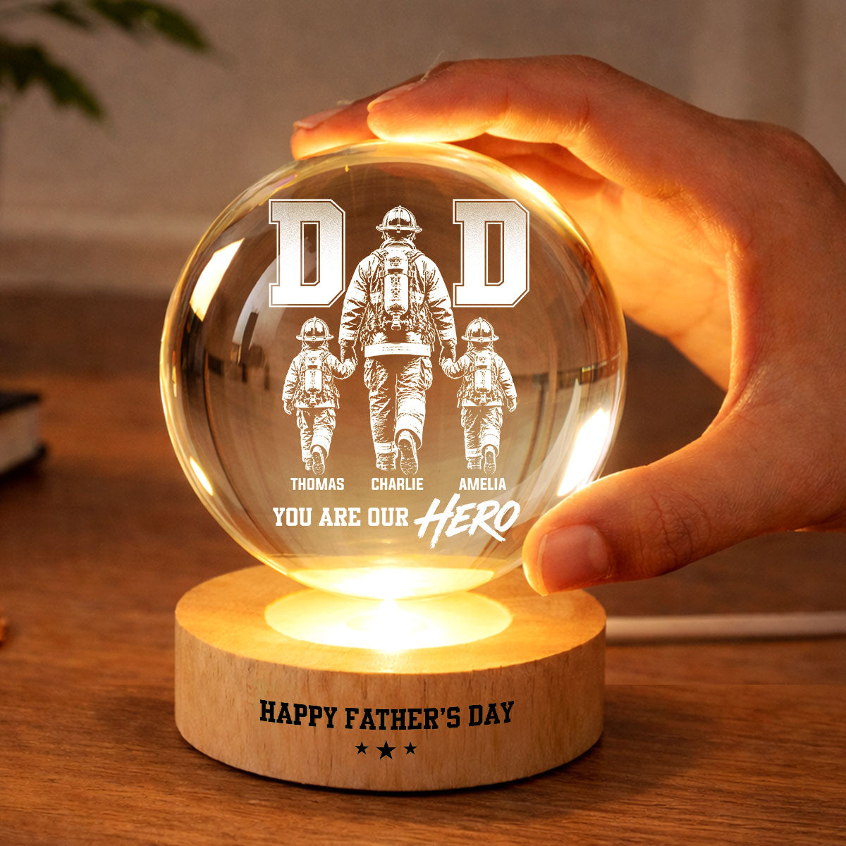 Proud Firefighter Dad You Are Our Hero - Personalized Crystal Ball LED Night Light -  Gift For Dad, Husband