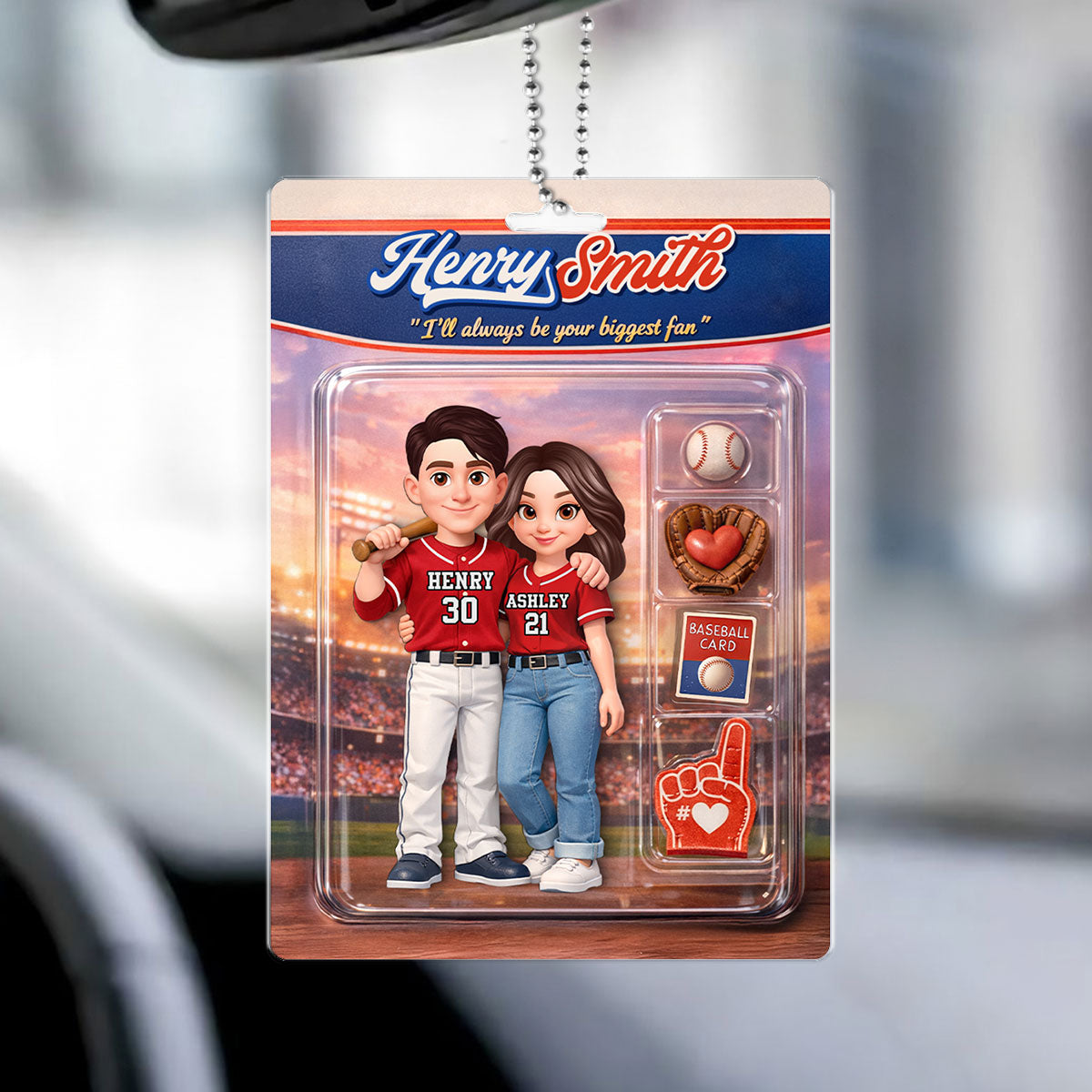 Baseball Couple I'll Always Be Your Biggest Fan Custom Action Figure - Personalized Acrylic Car Hanger - Sentimental Gift for Him