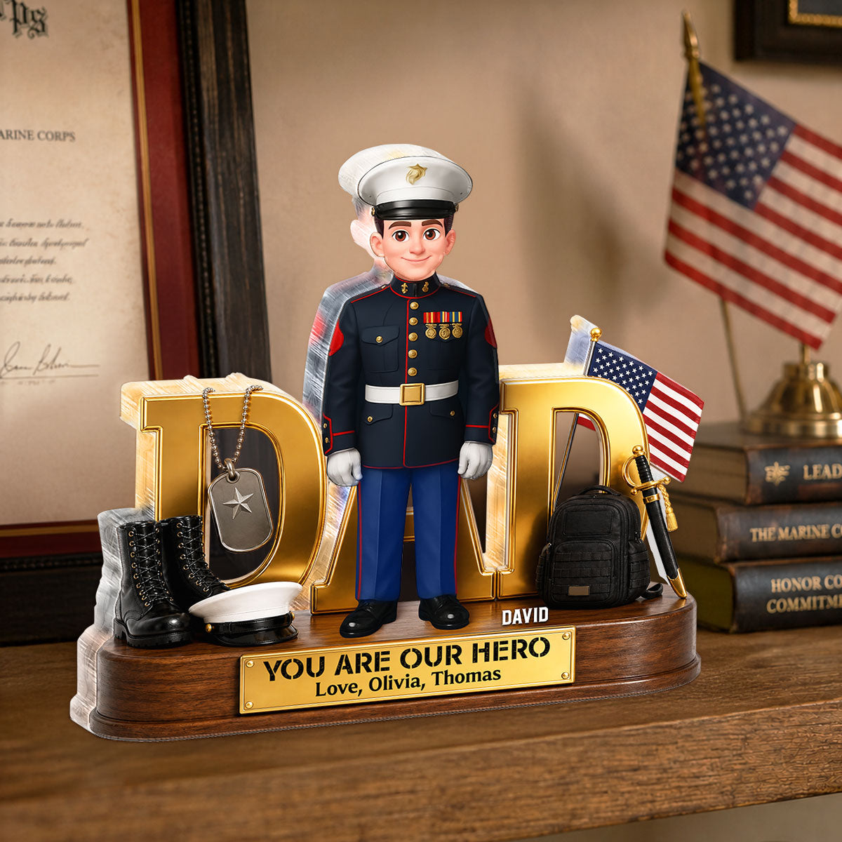 Proud American Marine Dad You Are Our Hero 2D Flat - Personalized Acrylic Block Plaque -  Gift For Dad