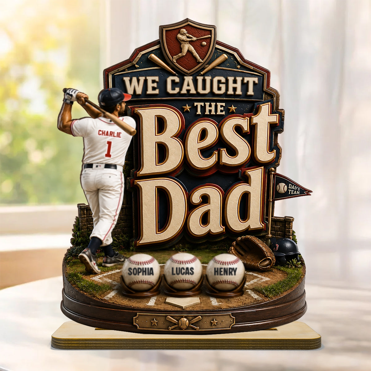 Baseball Dad & Kids We Caught The Best Dad - Personalized 2-Layered Wooden Plaque -  Gift For Baseball Dad, Husband