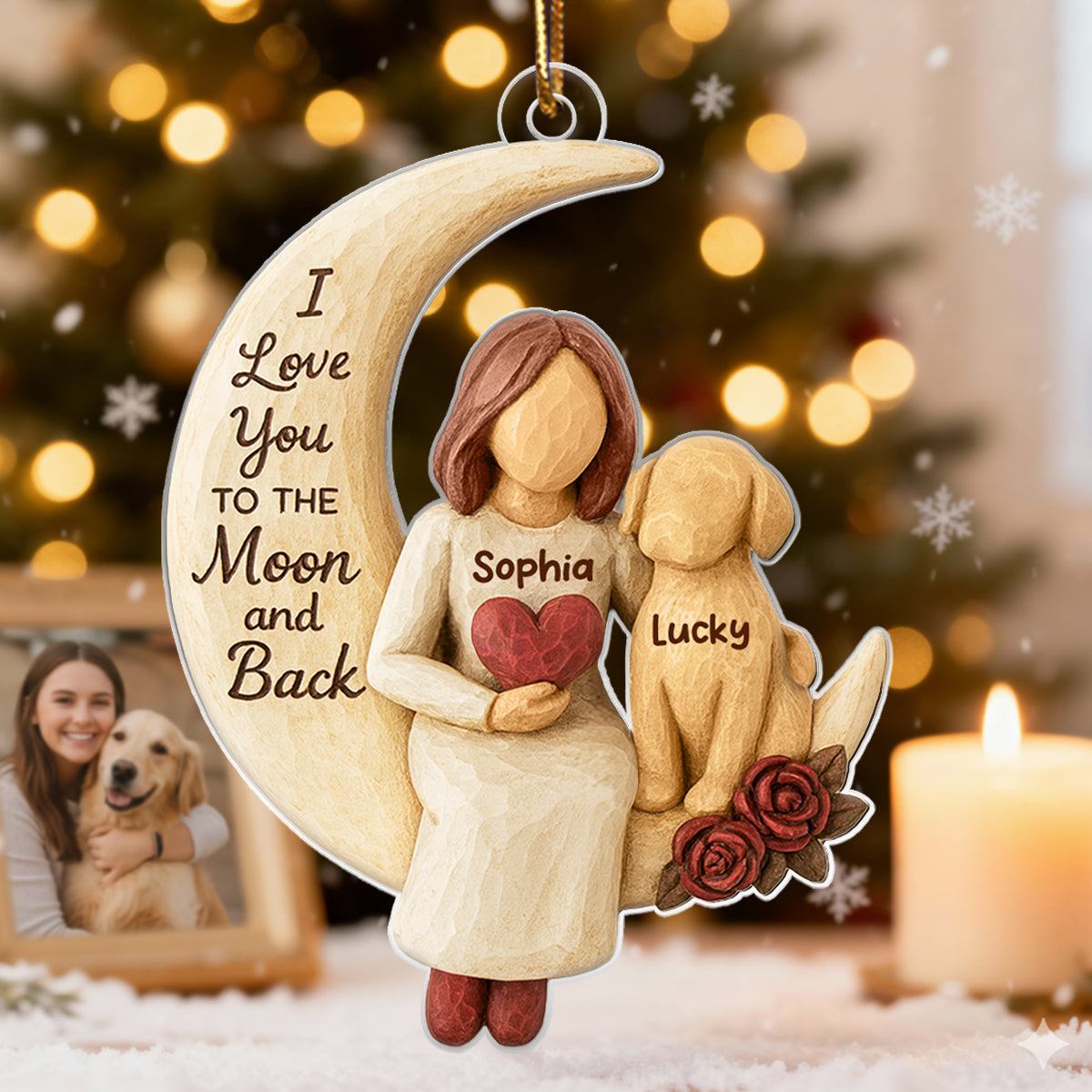 Woman and Dog Love to the Moon - Personalized Acrylic Ornament - Heartfelt Christmas Gift for Dog Mom, Pet Memorial Keepsake