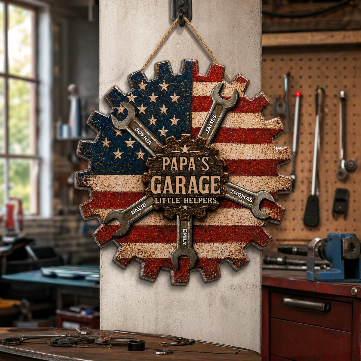 Rustic Workshop Little Helpers Nation Flag Theme 2D Flat - Personalized Wooden Garage Sign - Father's Day Gift For Patriotic Mechanic Dad, Grandpa