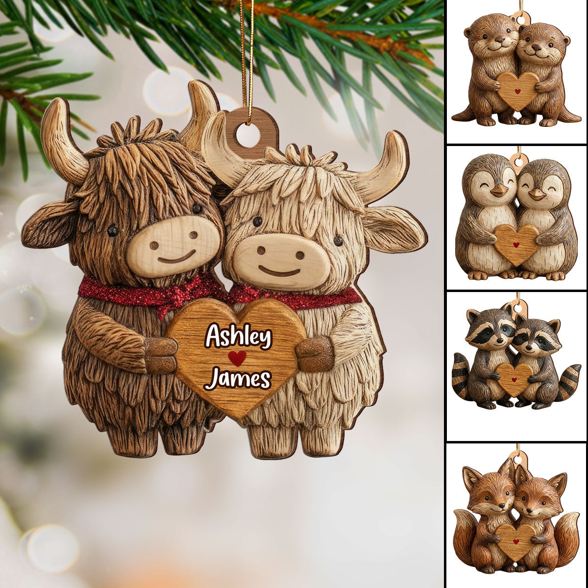 3D Effect Animal Couple Heart - Personalized Wooden Ornament - Gift For Him, Gift For Her