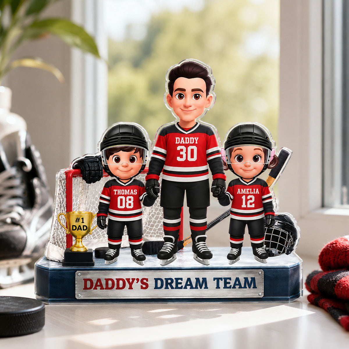Daddy's Dream Team Hockey Dad & Kids - Personalized Acrylic Block Plaque -  Gift For Dad, Husband