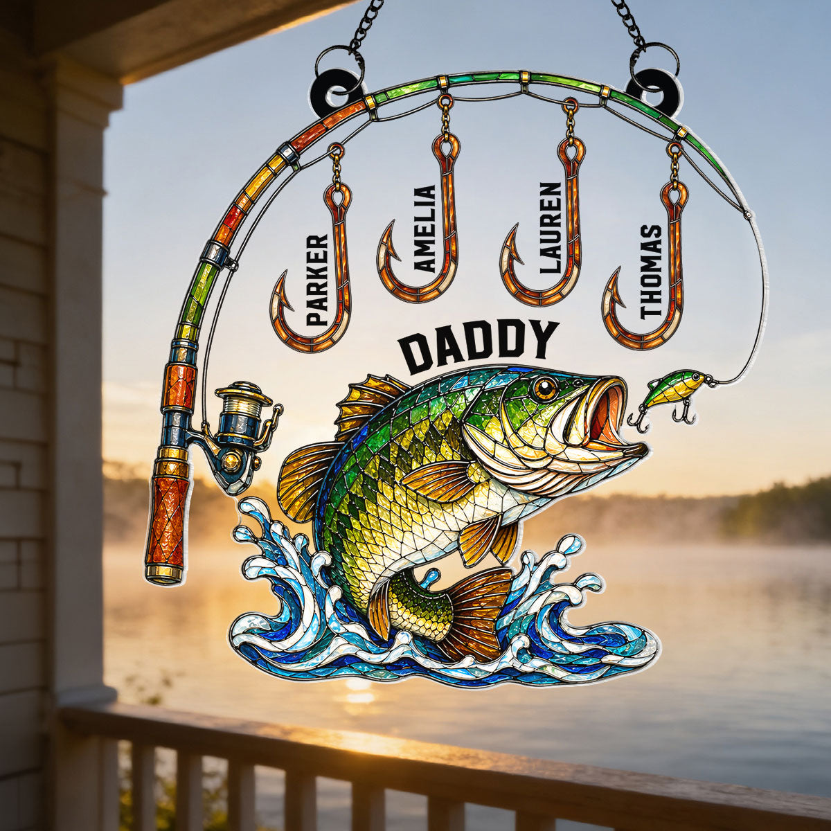 Fishing Daddy With Kids Names - Personalized Suncatcher - Heartfelt Gift For Fishing Dad, Gift For Husband