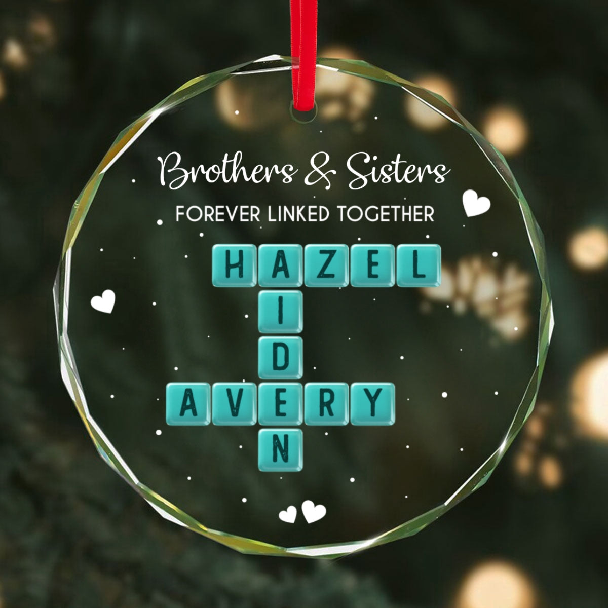 Brothers Sisters Siblings Forever Linked Together Crossword Puzzle Art Personalized Glass Ornament