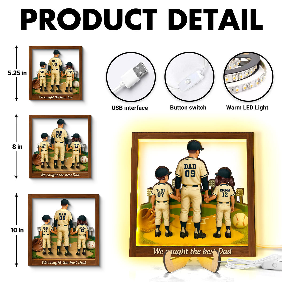 We Caught The Best Dad Baseball - Personalized Wooden Frame With LED - Heartfelt Gift For Baseball Dad