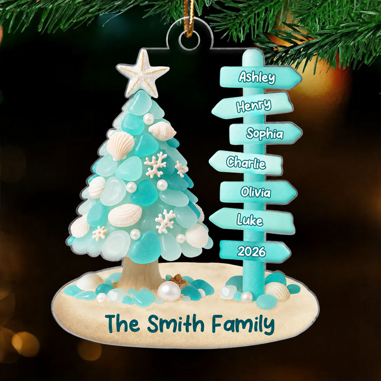 Family Direction Sign Post Sea Glass Pattern - Personalized Acrylic ornament - Christmas Gift for Family, for Her, for Him