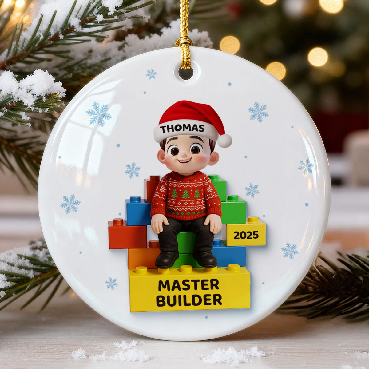 3D Effect Little Kid Master Builder Christmas - Personalized Ceramic Ornament - Christmas Gift For Grandkids, Grandson, Granddaughter