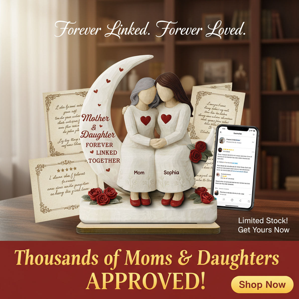 Roses Moon Mom And Daughter Forever Linked Together - Personalized 2-Layered Wooden Plaque - Gift For Mom, Daughter