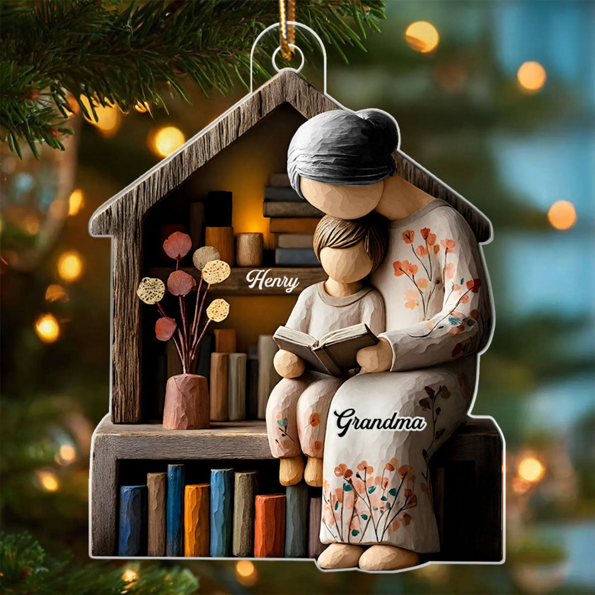 3D Effect Wooden Grandma Grandkid Reading Book - Personalized Acrylic Ornament - Heartwarming Christmas Gift For Grandma, For Family