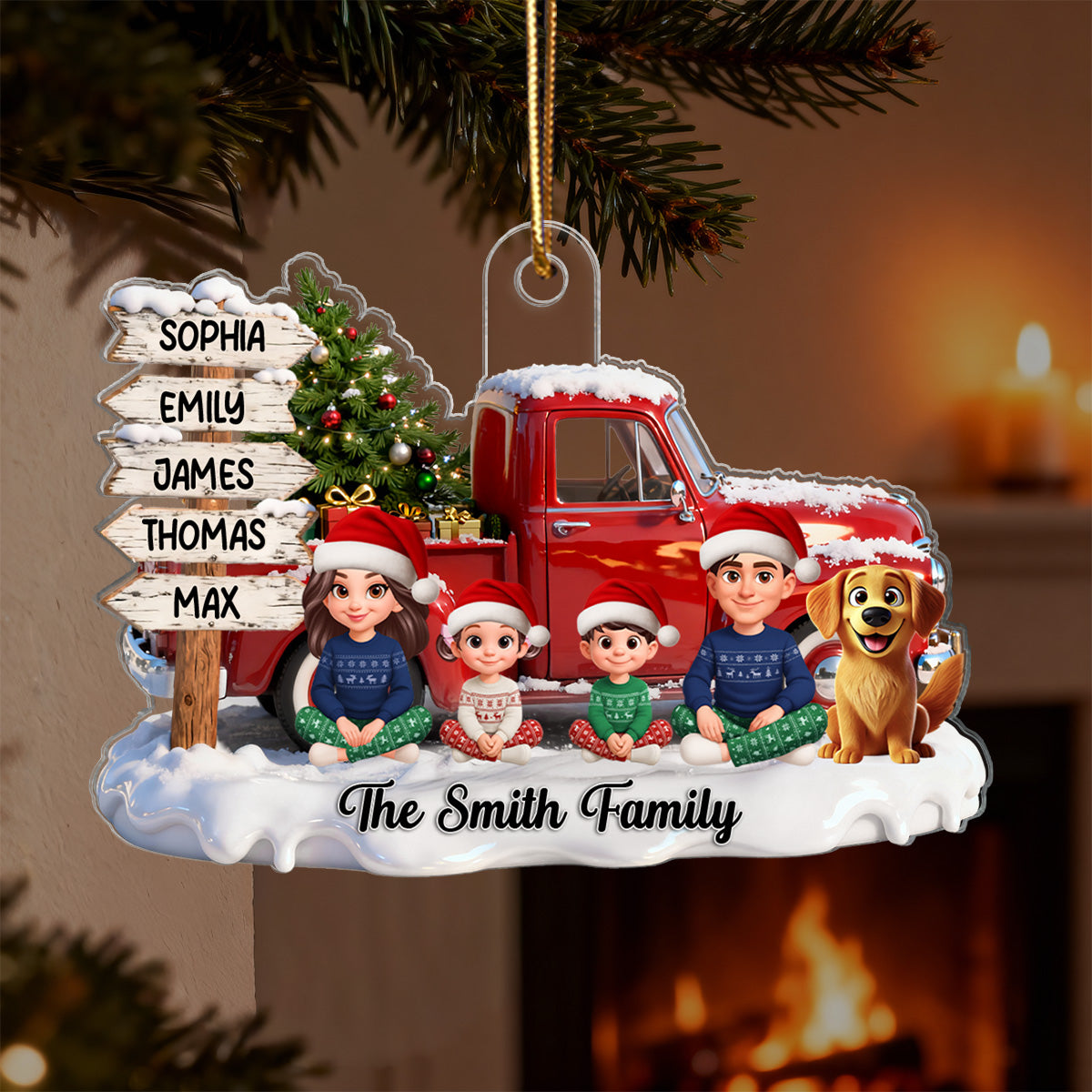 3D Effect Christmas Nostalgia Christmas Truck Sign Posts Beautiful Family Together - Personalized Acrylic Ornament - Gift For Family