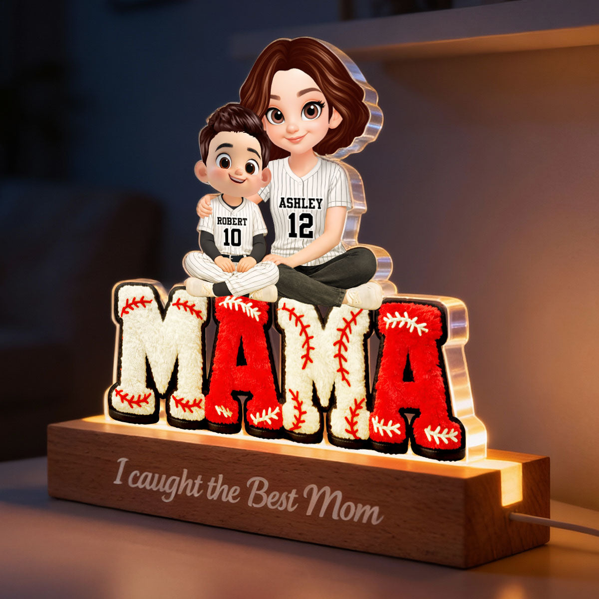 Mama Baseball And Kids - Personalized Acrylic Block LED Night Light - Heartfelt Gift For Mom, Grandma