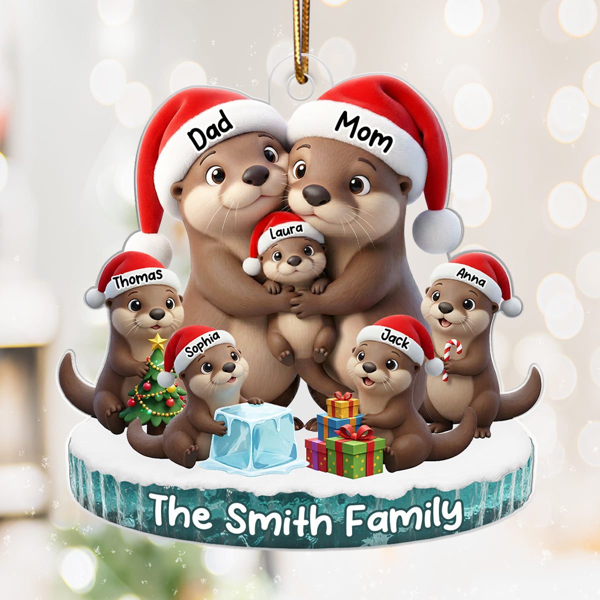 Otter Family Dad Mom Kids Together - Personalized Acrylic Ornament - Heartwarming Christmas Gift For Family