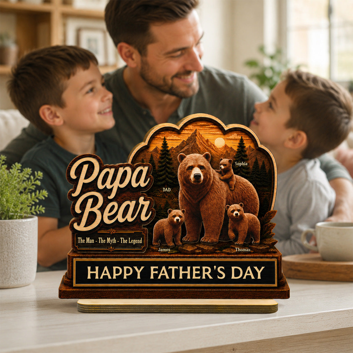 Papa Bear The Man The Myth The Legend 2D Flat - Personalized 2-Layered Wooden Plaque -  Gift For Husband, Dad