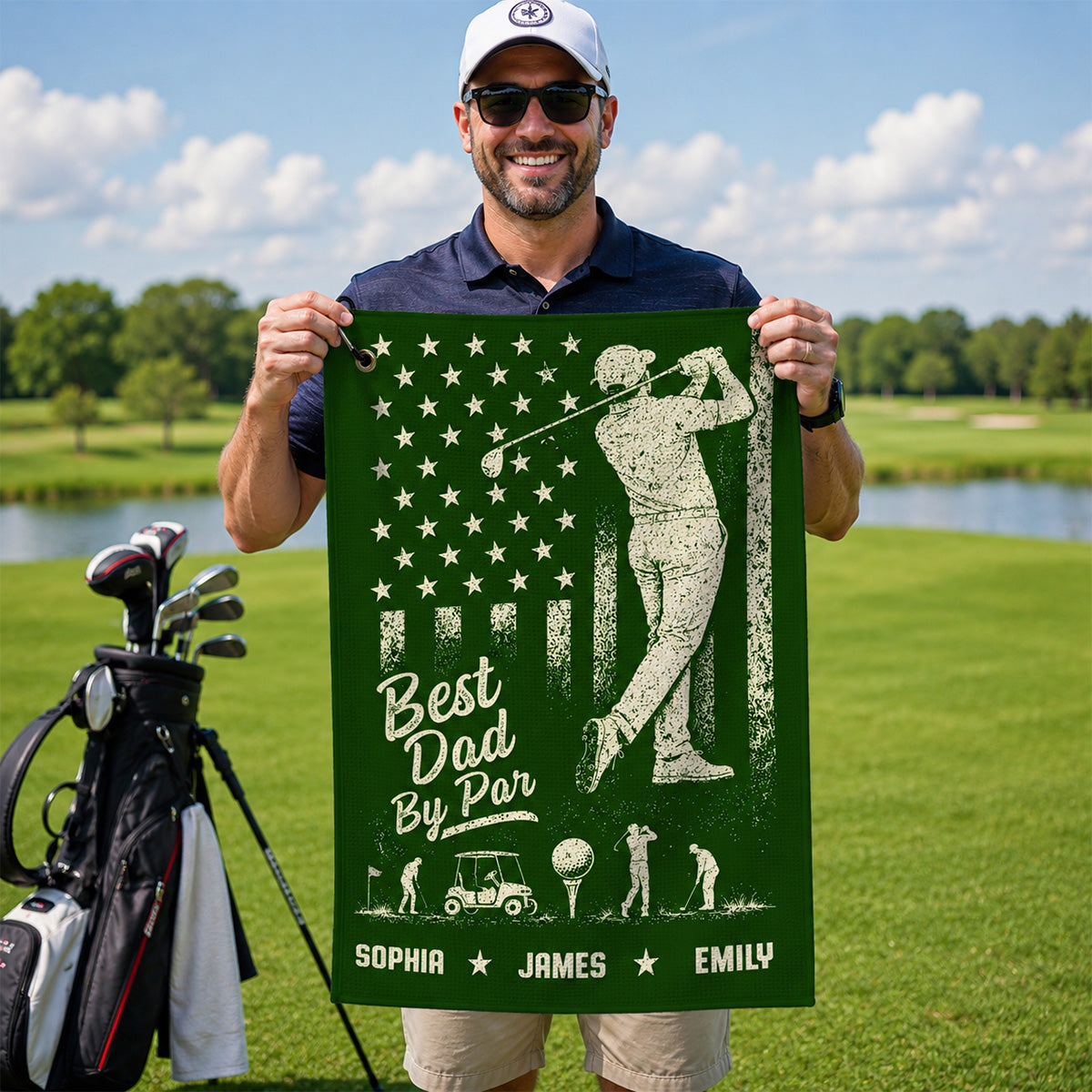 Best Dad Grandpa By Par Nation Flag Kid Custom Name - Personalized Golf Towel - Father's Day Gift For Golfers