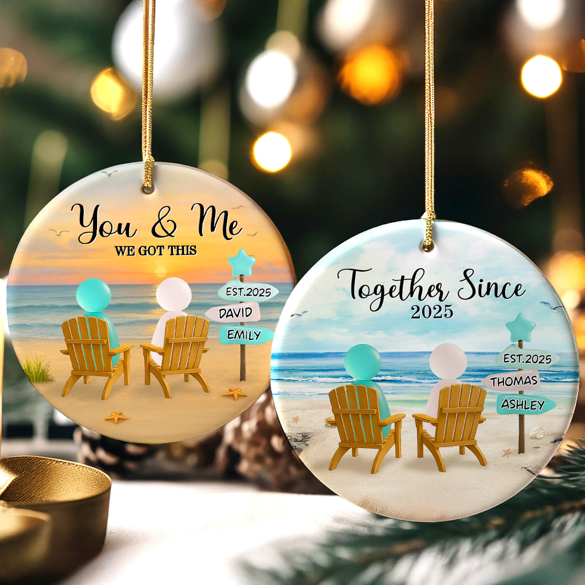 3D Effect Sea Glass Couple Romantic Beach Landscape Sign Posts - Personalized Ceramic Ornament - Heartfelt Christmas Gift For Couple