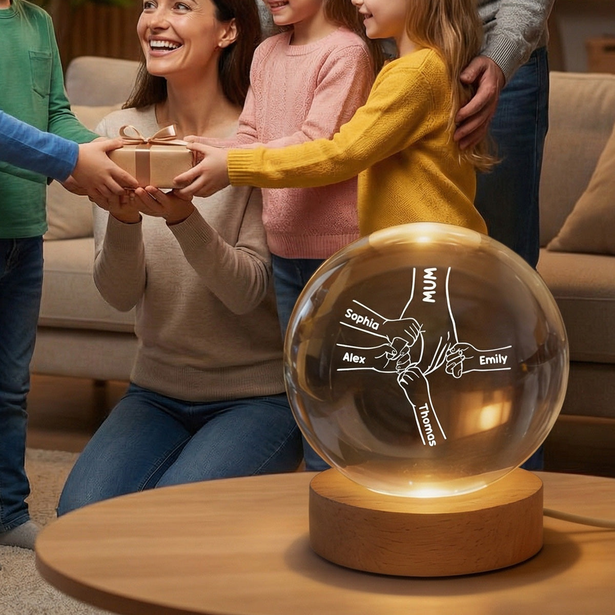 MUM And Kids Holding Hands - Personalised Crystal Ball - Mother's Day Gift For MUM, Grandma